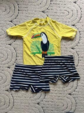 Gymboree Yellow Toucan Rashguard Top with 2 Pairs Navy & White Stripe Shorts H&M